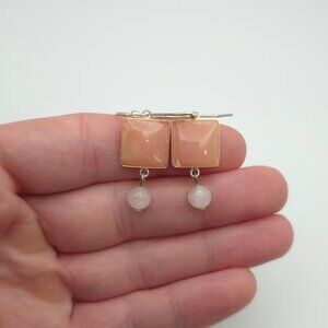 925 Sterling Silver Peach Stone With Rose Quartz Dangle Earrings